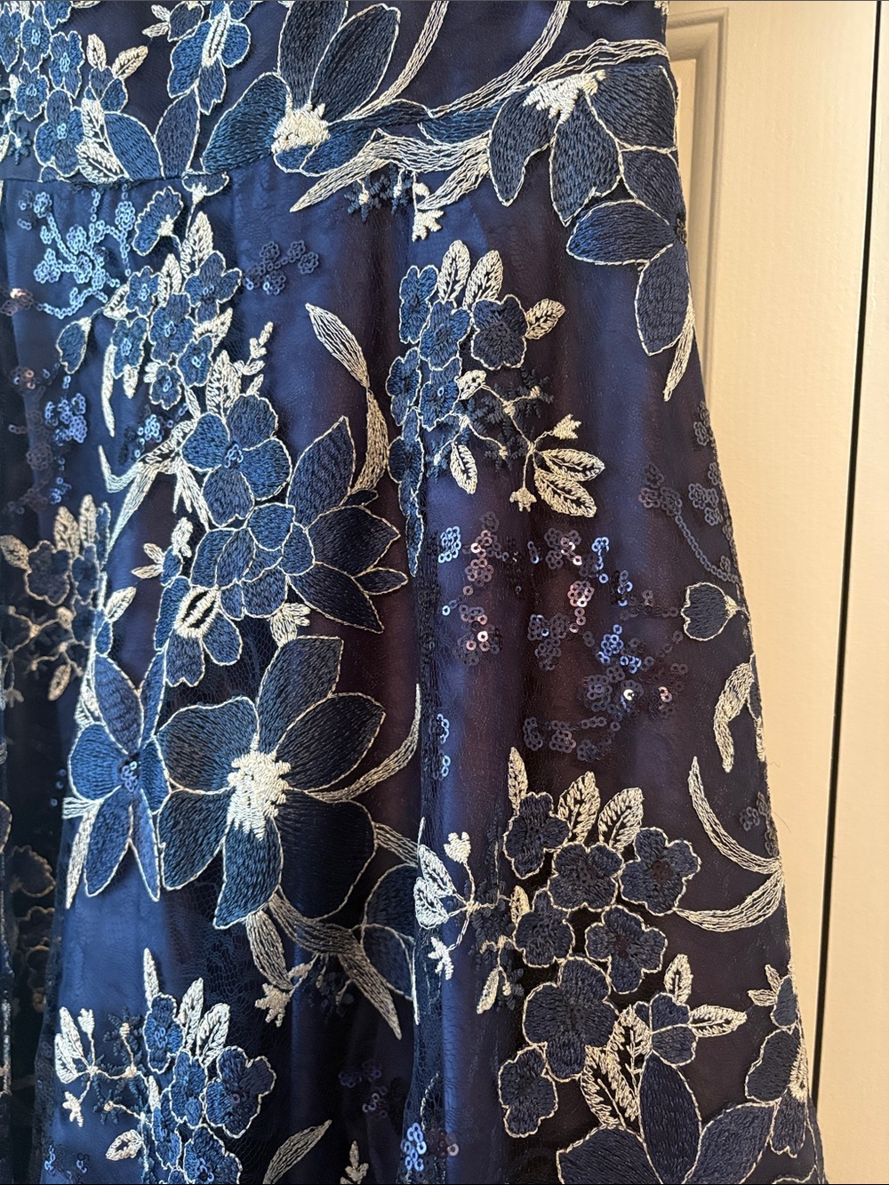 Eliza J Navy Dress with Cream Floral Lace Overlay